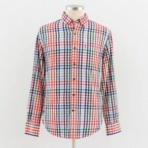 IZOD Button Down Shirt Mens Large Orange‎ Blue Plaid Long Sleeve Cotton Blend